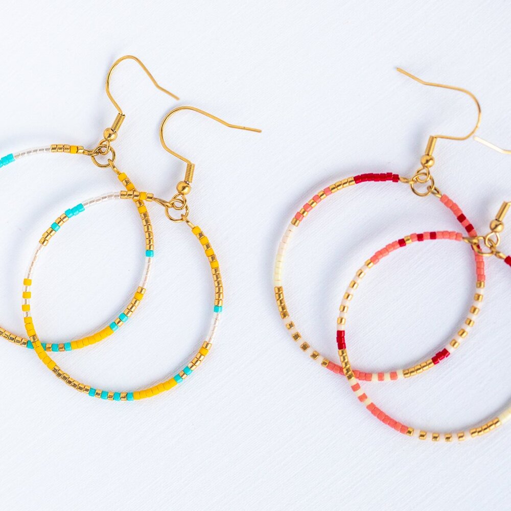 BUNDLE 2 Pairs Beaded Hoop Earrings Seed Bead Colorful Hoops Non-Tarnish Gold